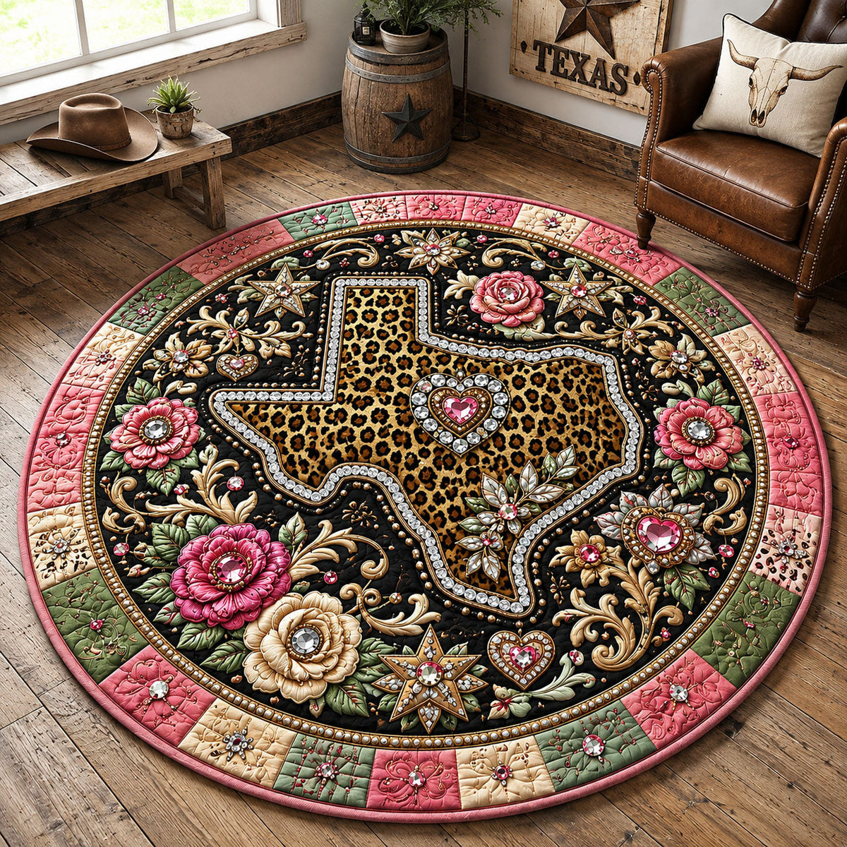 Texas Floral Bling Round Mat Rug - Nature Design | Serene Home Decor - washable non-slip printed rug