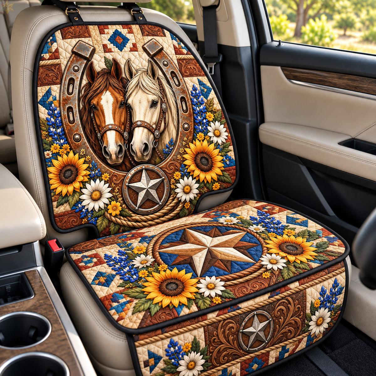 Texas Horses And Sunflowers quilted car seat protector