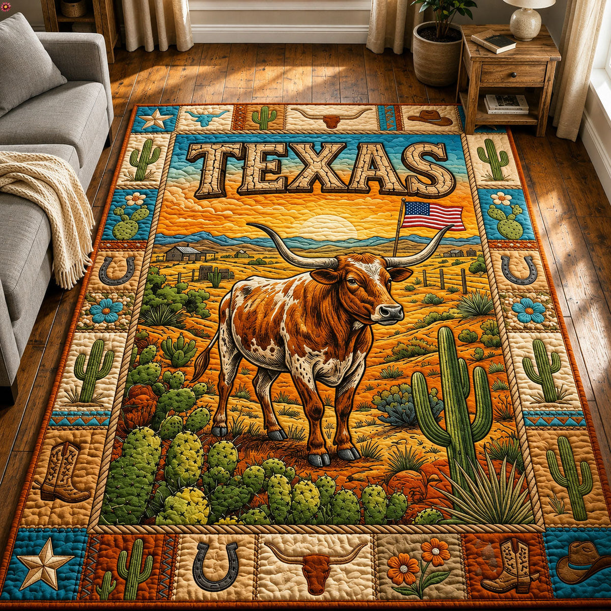 Texas Longhorn area rug in a living room
