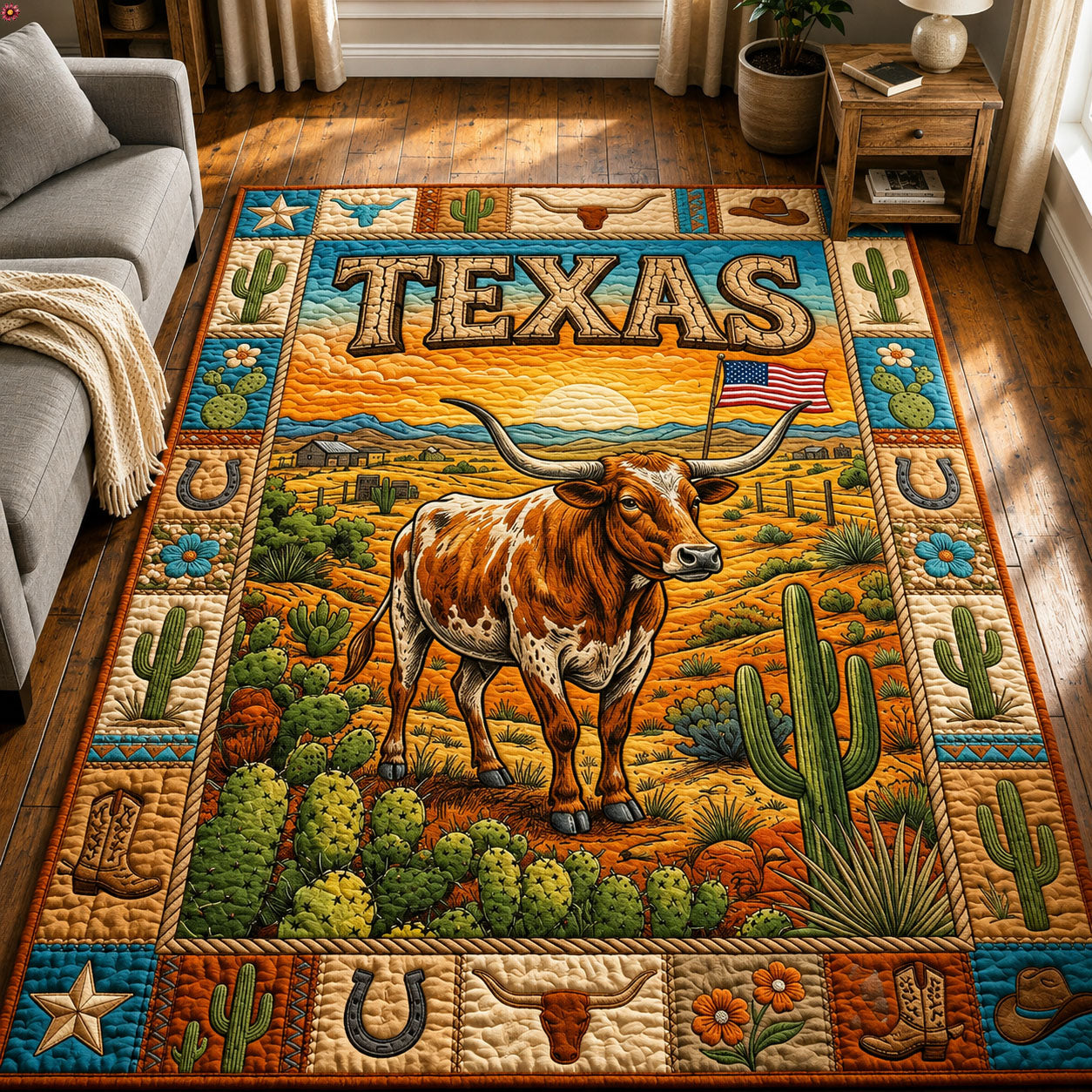 Texas Longhorn area rug in a living room