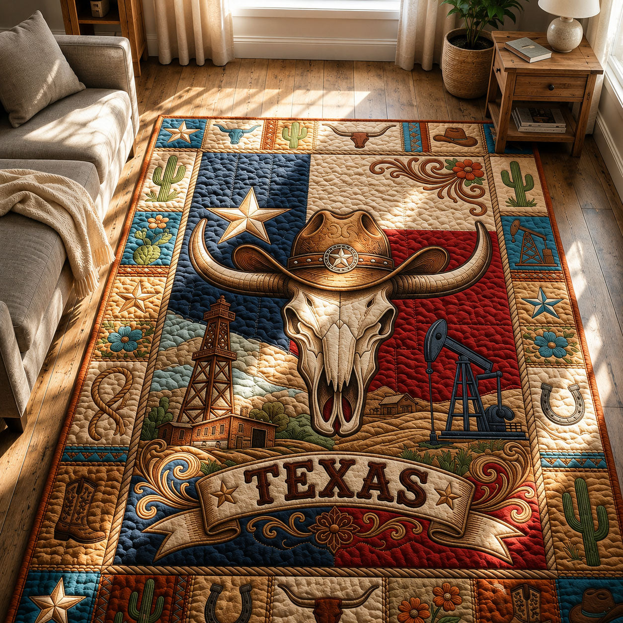 Texas Longhorn area rug in a living room