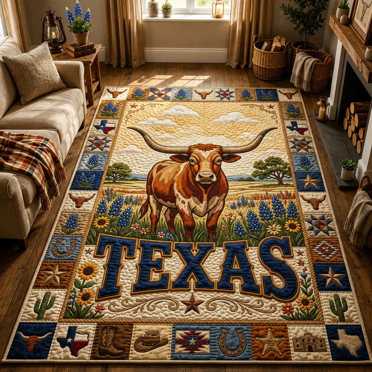 Texas Longhorn area rug in a living room