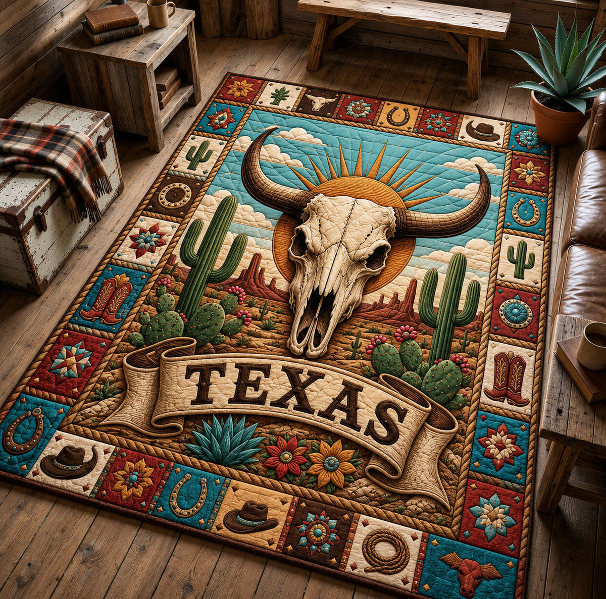 Texas Longhorn Desert area rug in a living room
