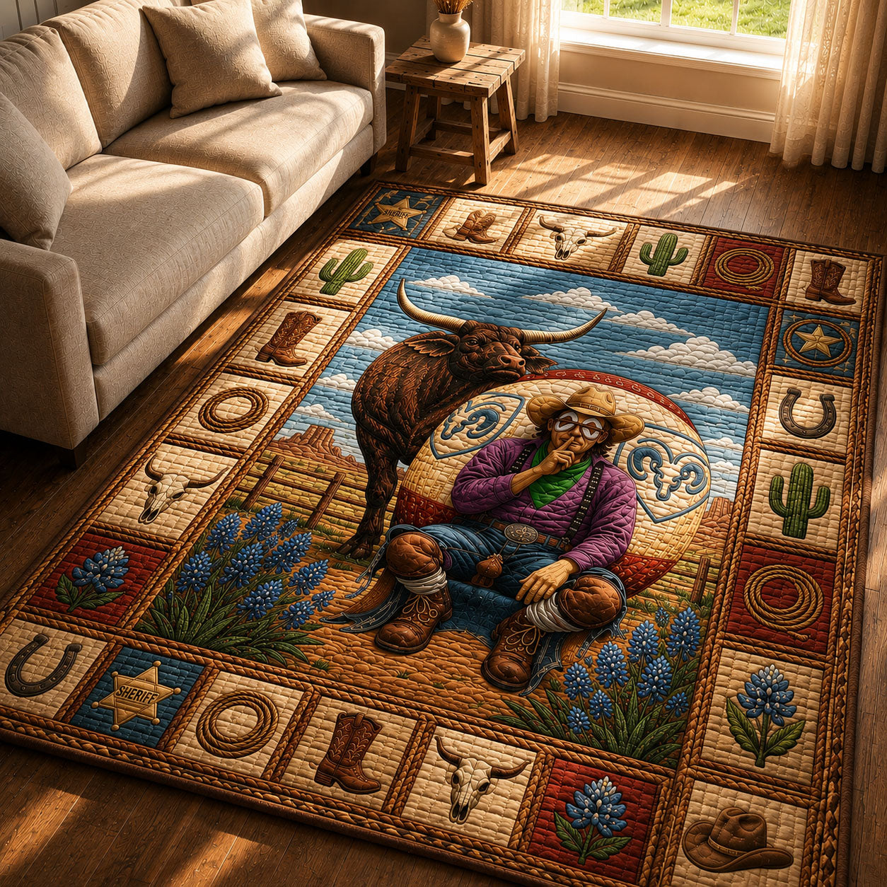 Texas Longhorn Rodeo area rug in a living room