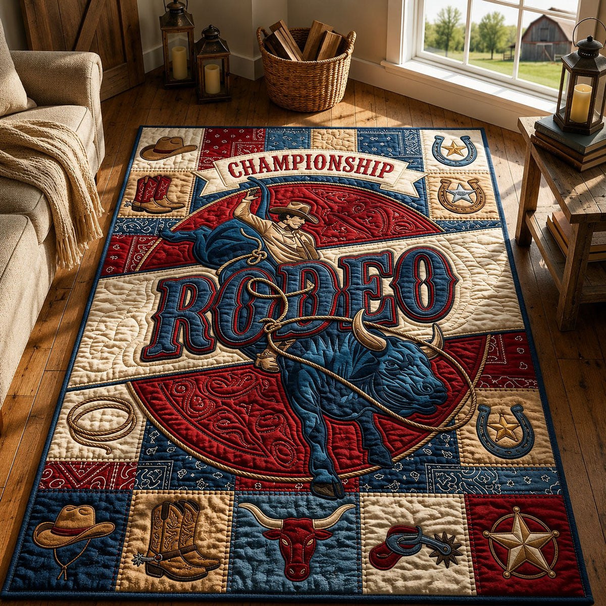 Texas Longhorn Rodeo area rug in a living room