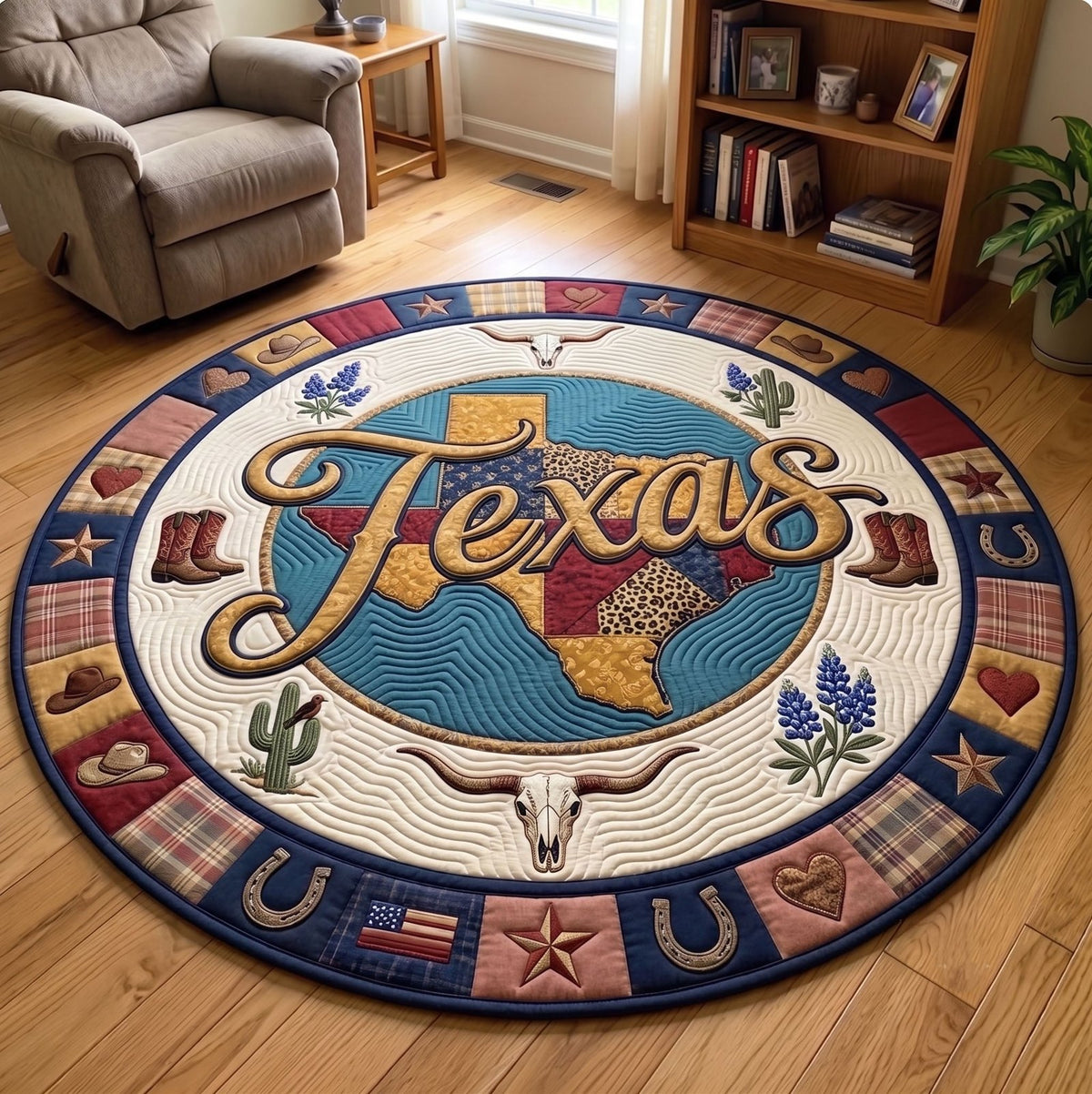 Texas Pride (Design 7) Round Mat Rug - washable non-slip printed rug