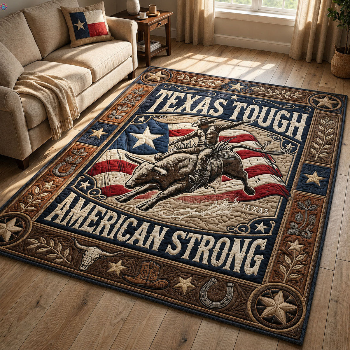 Texas Tough American Strong area rug in a living room