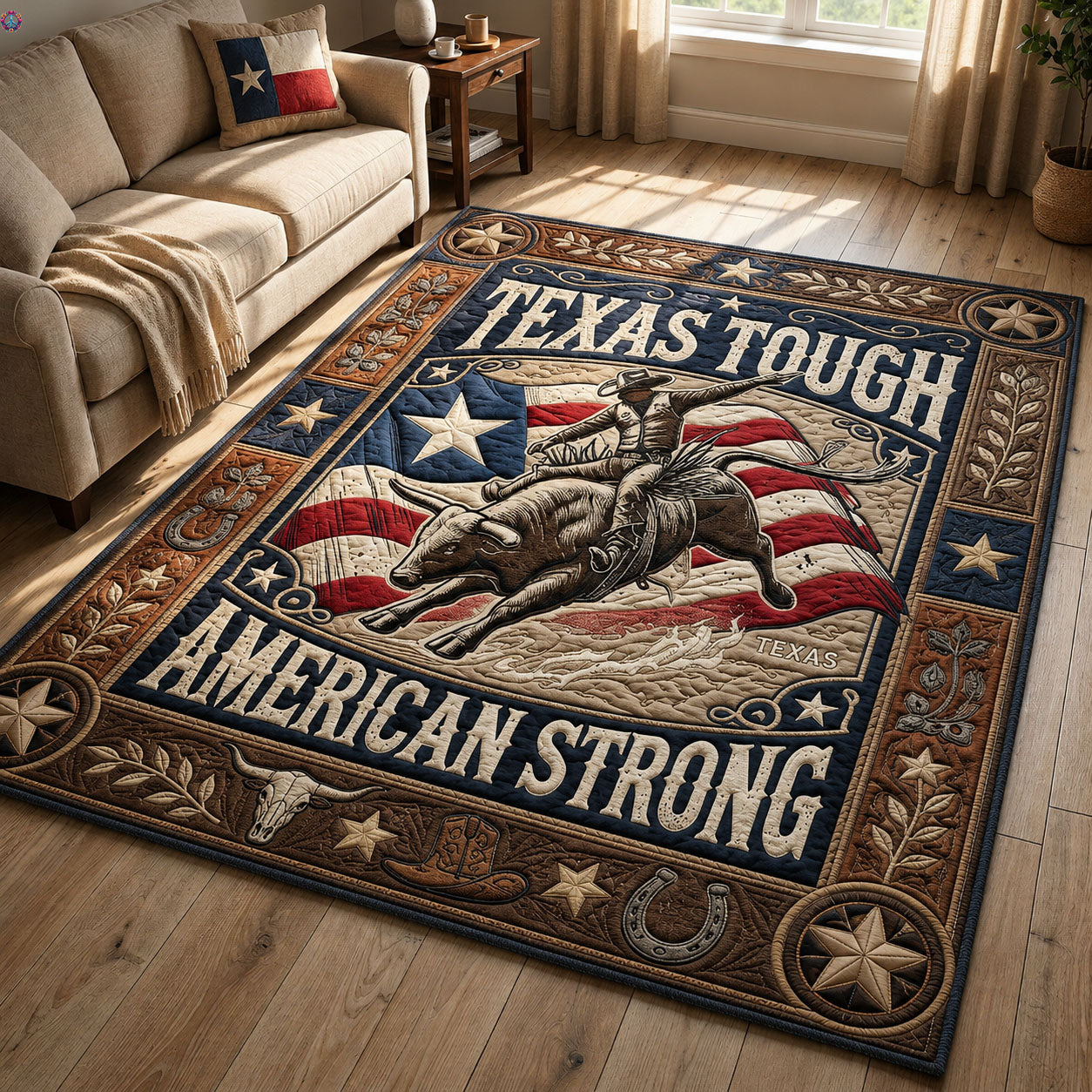 Texas Tough American Strong area rug in a living room