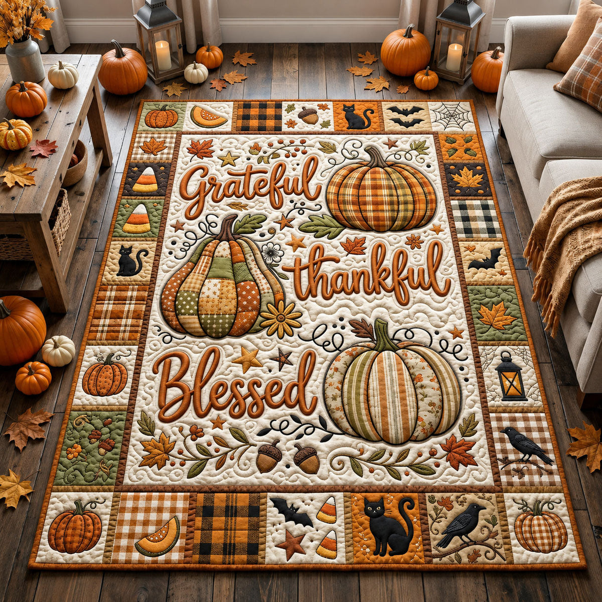 Thankful Grateful Blessed area rug in a living room