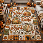 Thankful Grateful Blessed area rug in a living room
