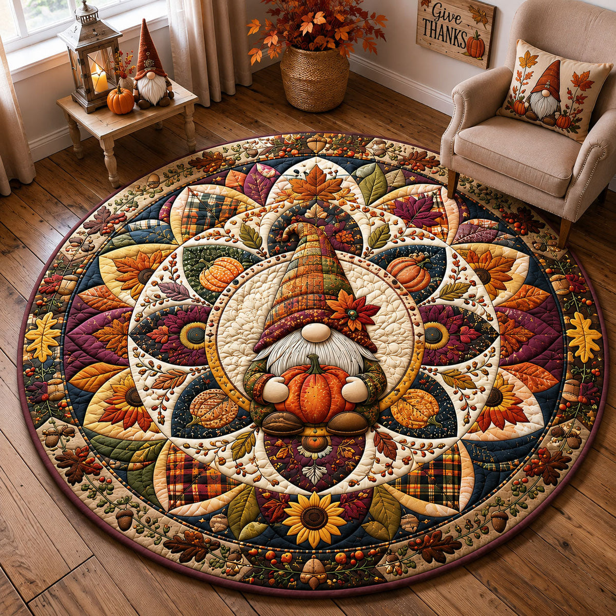 Thanksgiving Gnome Mandala Round Mat Rug - Seasonal Design | Festive Home Decor - washable non-slip printed rug