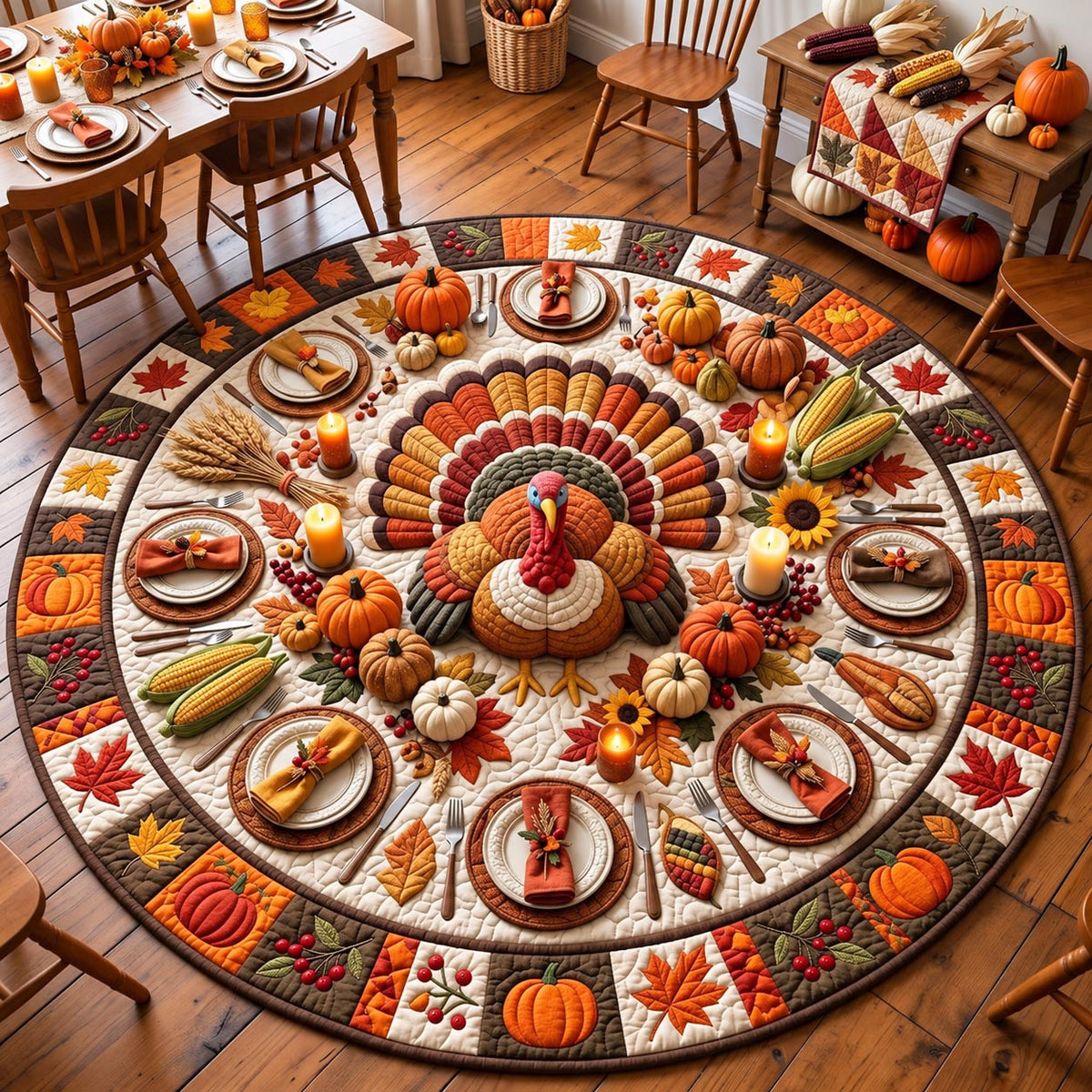 Thanksgiving Turkey Round Mat Rug - Seasonal Design | Seasonal Round Rug - washable non-slip printed rug