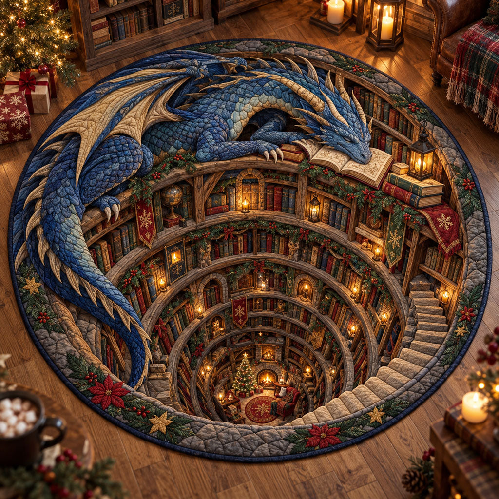 The Bookkeeper Dragon Round Mat Rug - Cute Animal Design | Charming Home Decor - washable non-slip printed rug