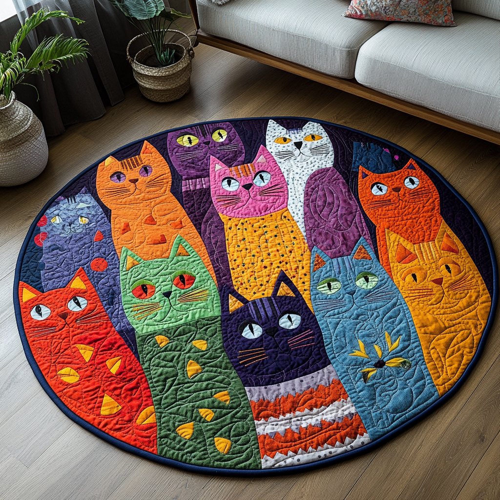 The Cat Parade Round Mat Rug - washable non-slip printed rug