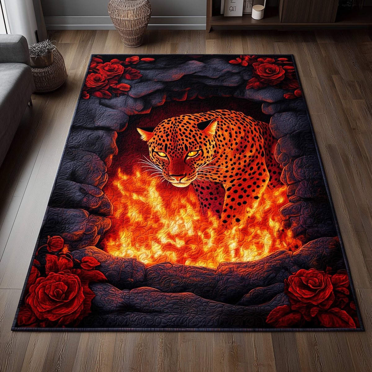 The Fiery Hunter area rug in a living room