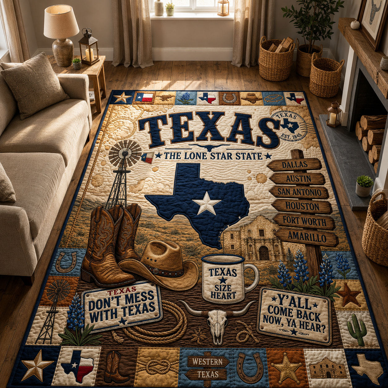 The Lone Star State area rug in a living room