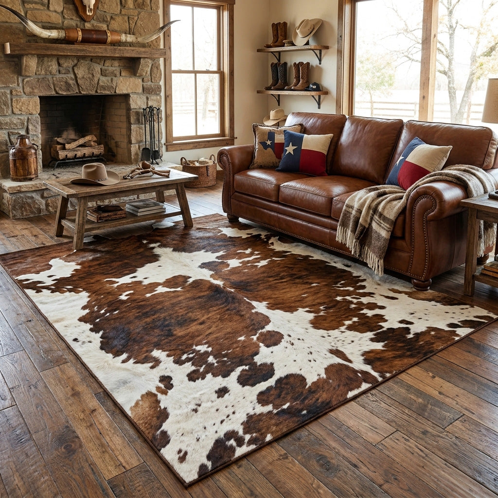 The Rustic Rodeo area rug in a living room