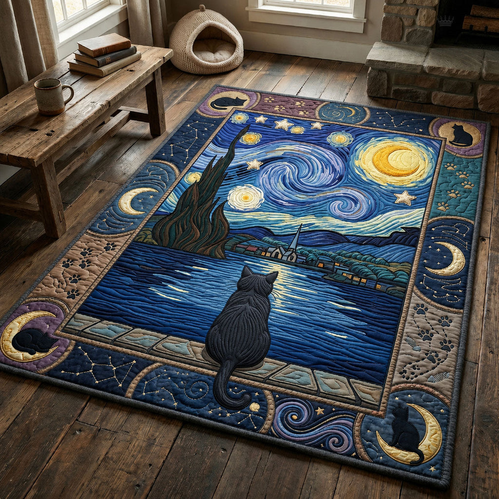 The Starry Night Cat area rug in a living room