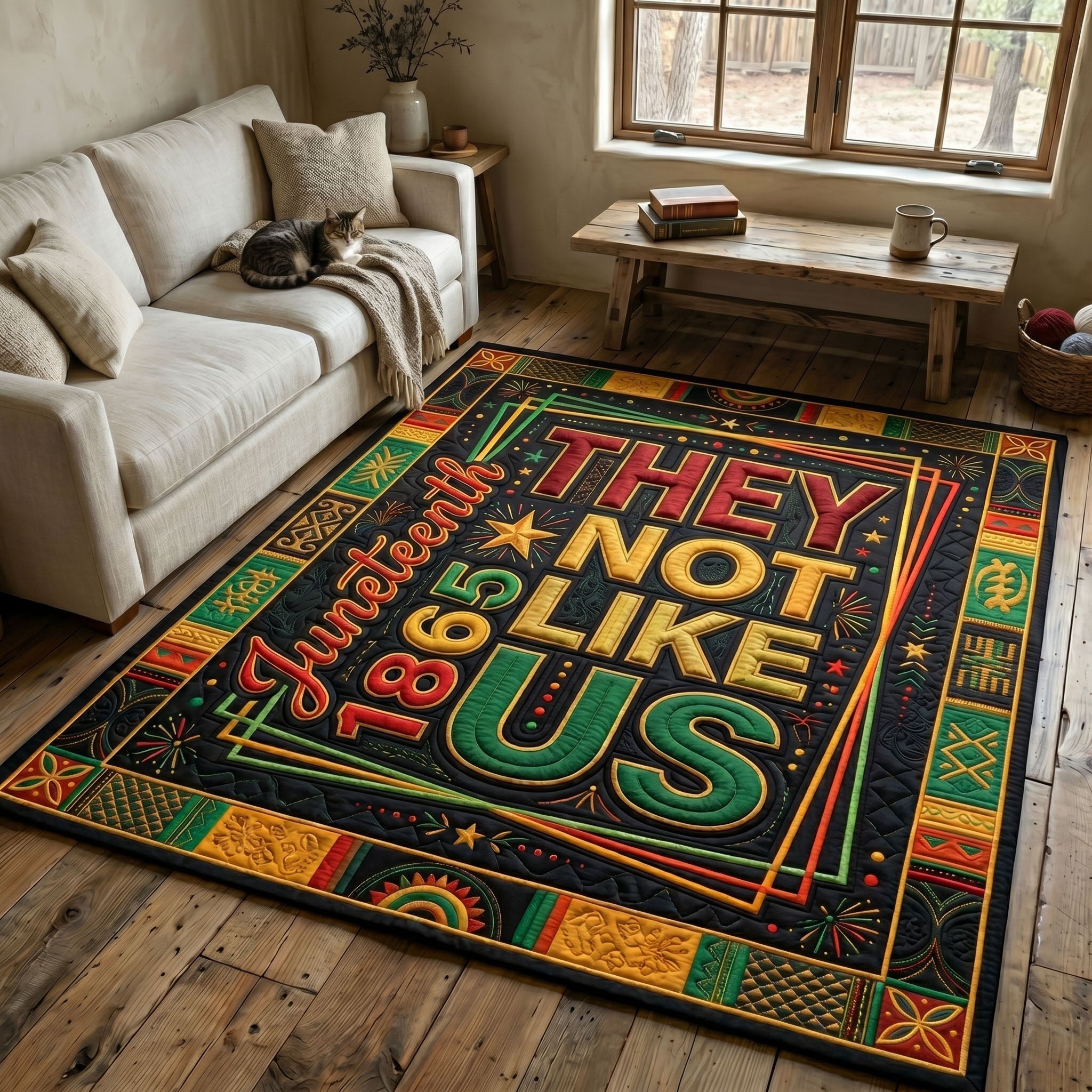 They Not Like Us area rug in a living room