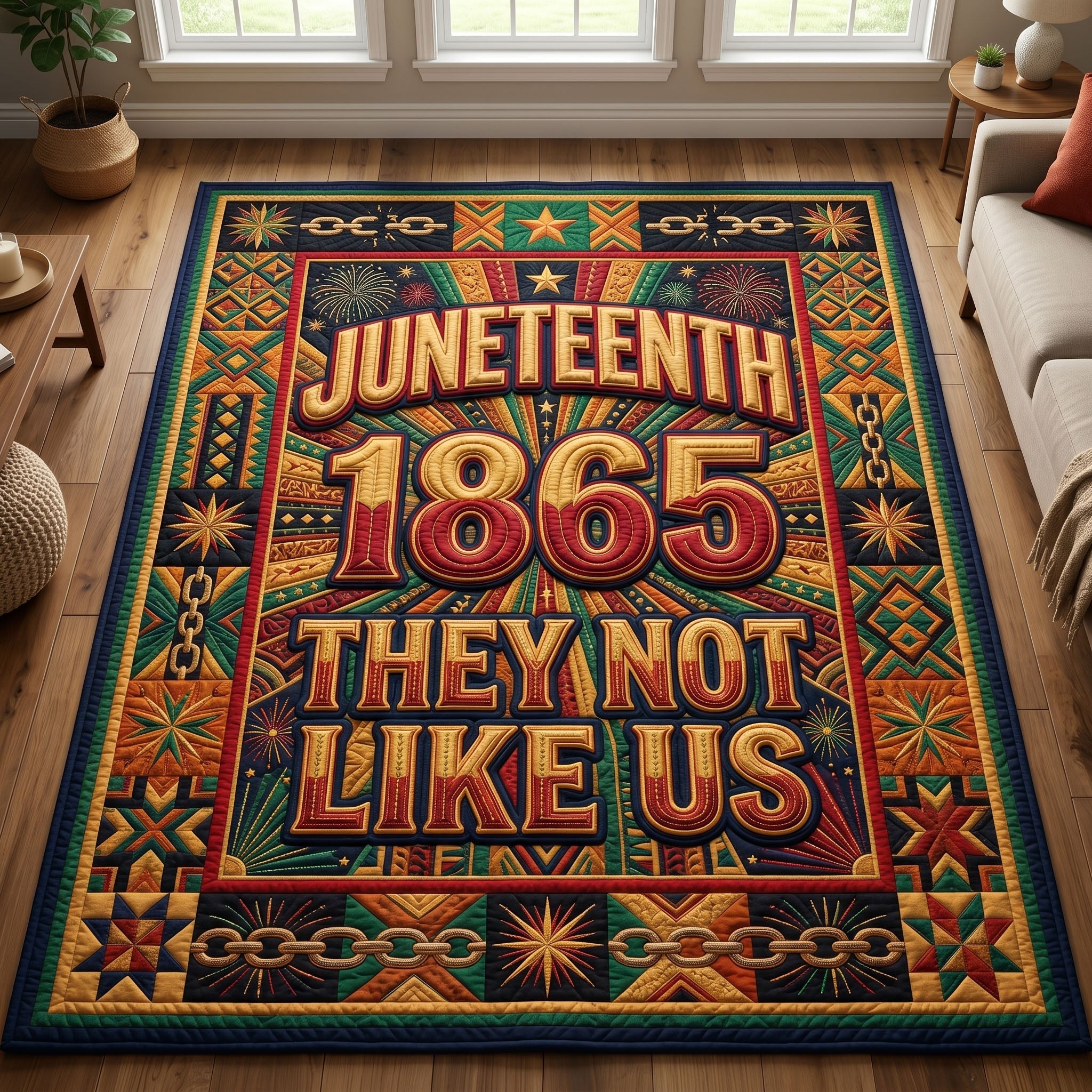 They Not Like Us area rug in a living room