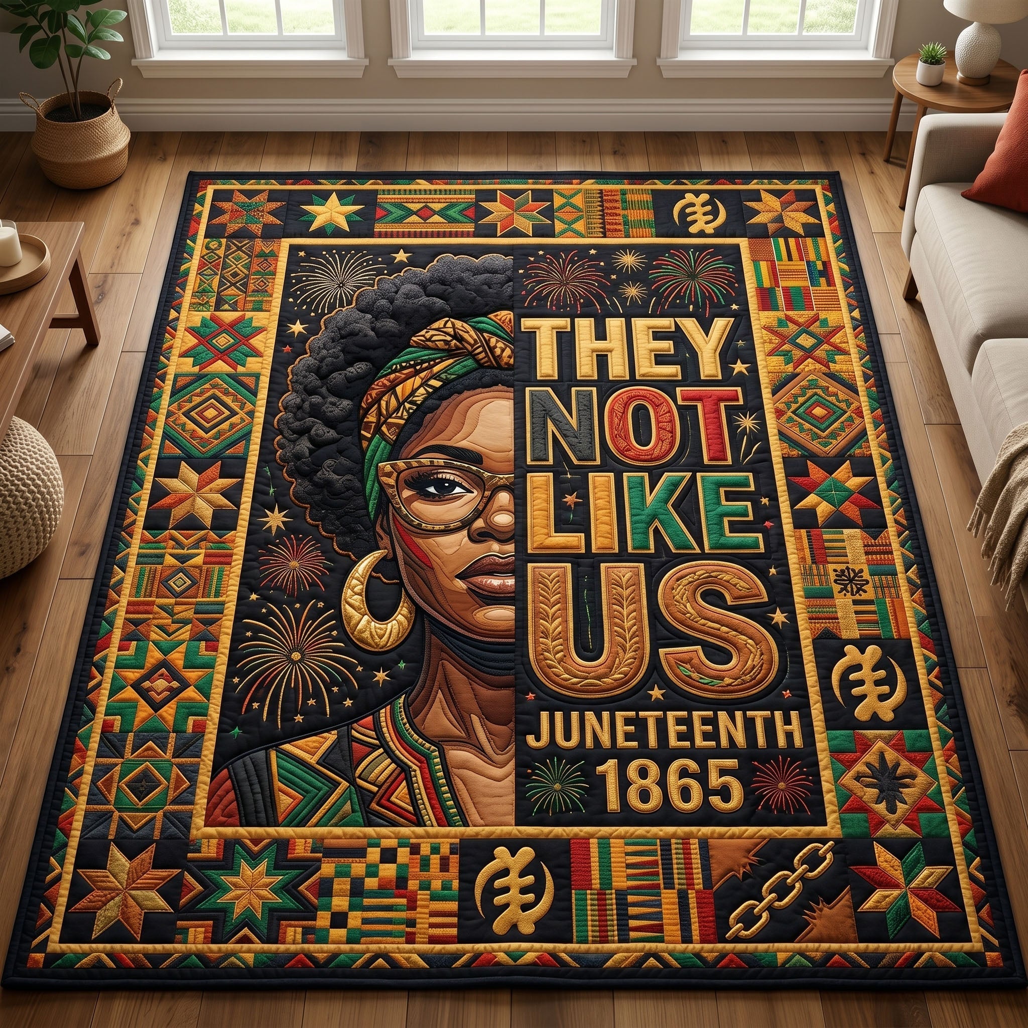 They Not Like Us area rug in a living room