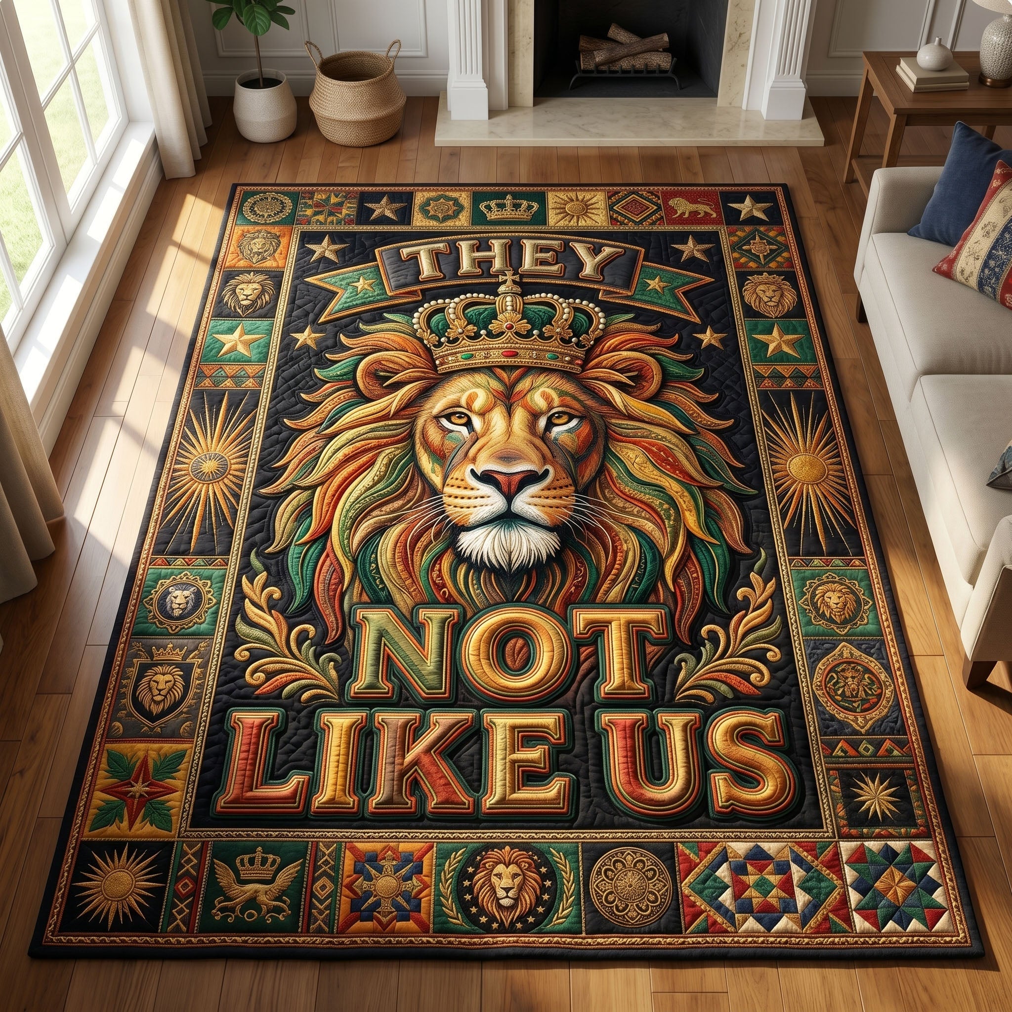They Not Like Us area rug in a living room
