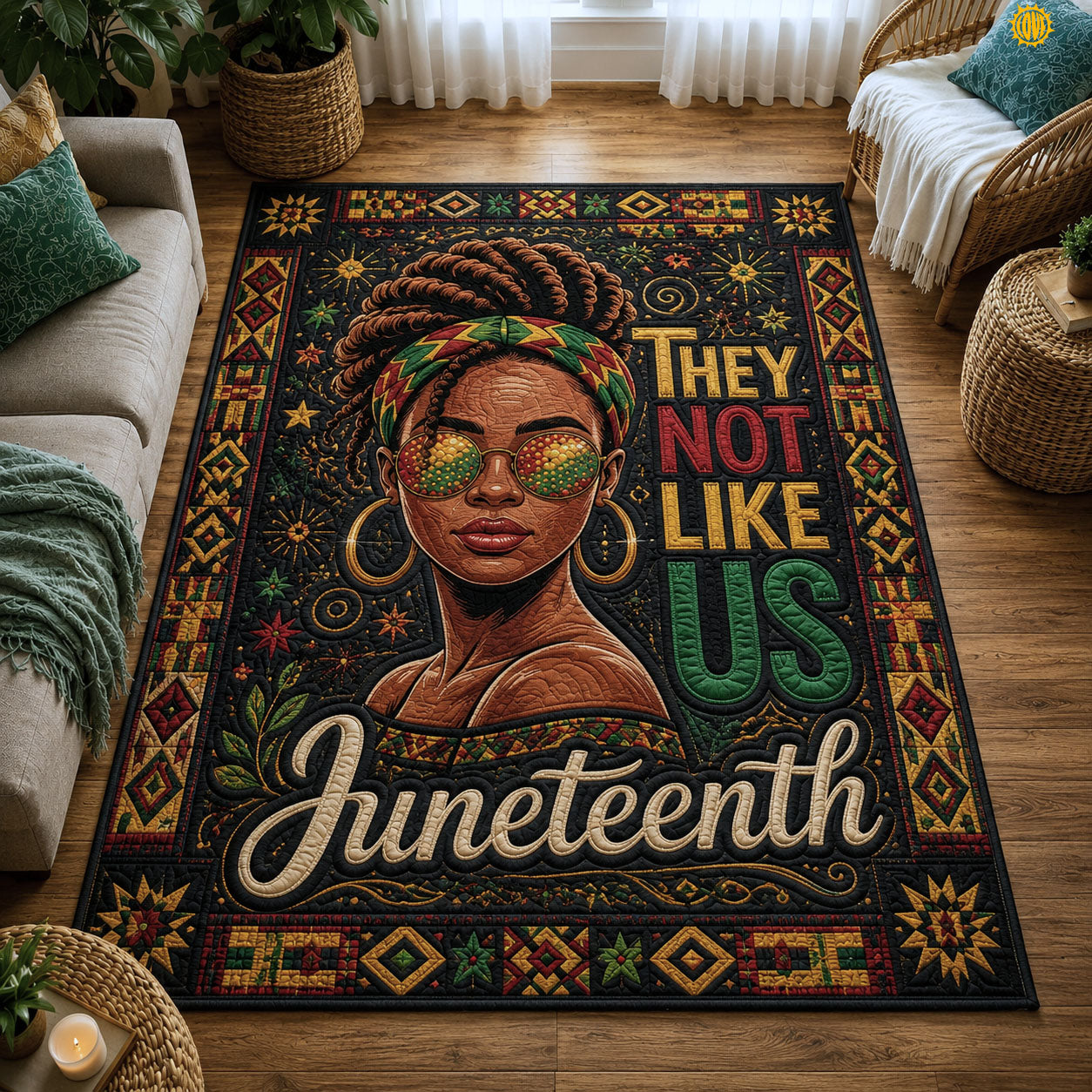 They Not Like Us area rug in a living room
