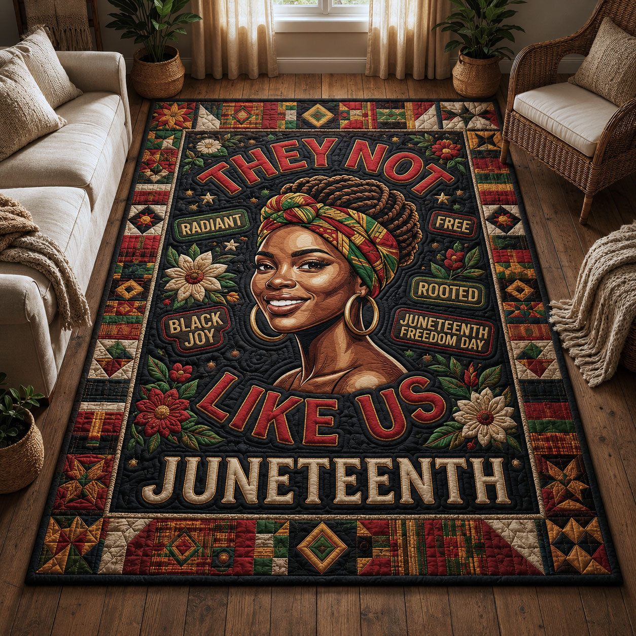 They Not Like Us area rug in a living room