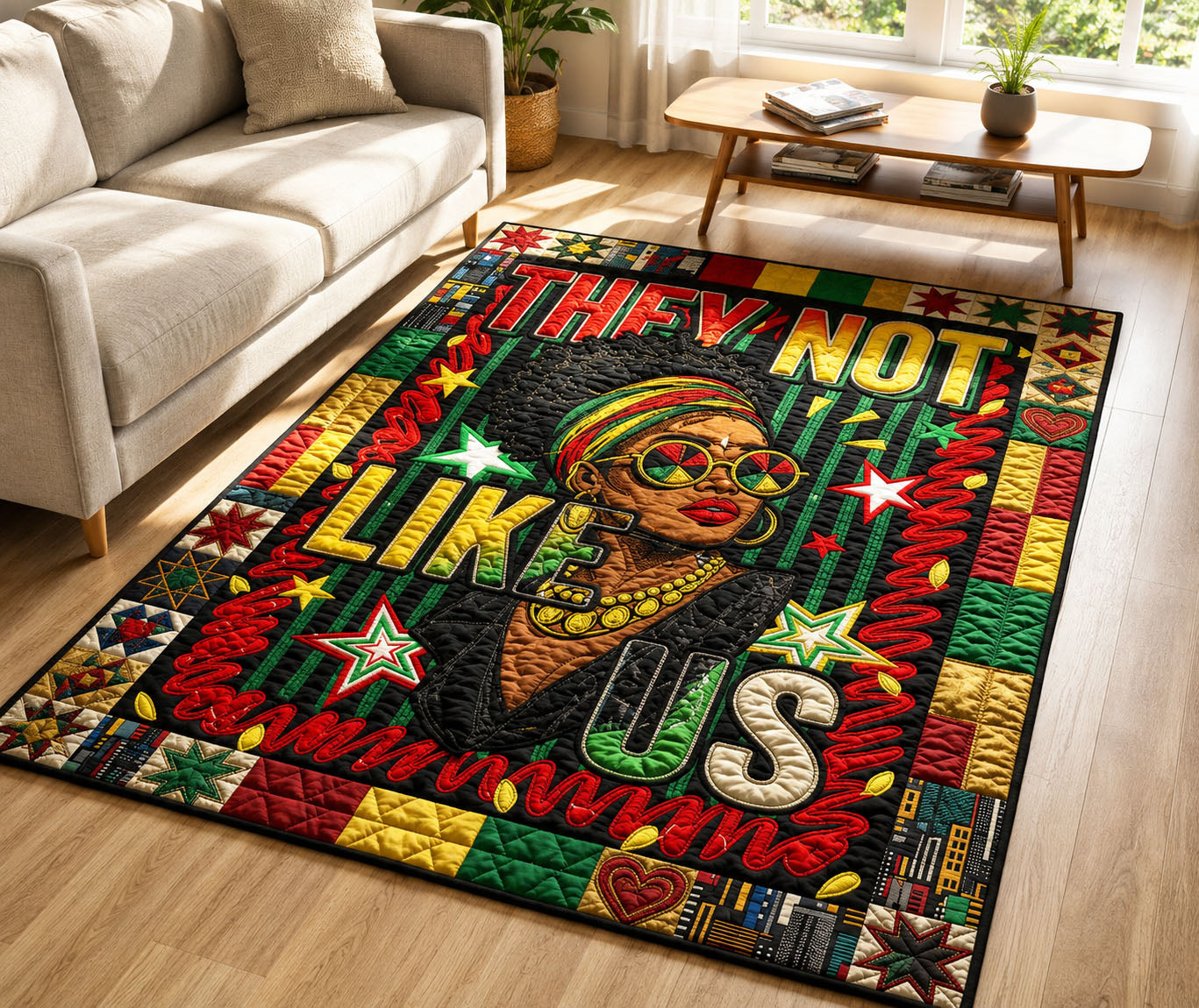 They Not Like Us area rug in a living room