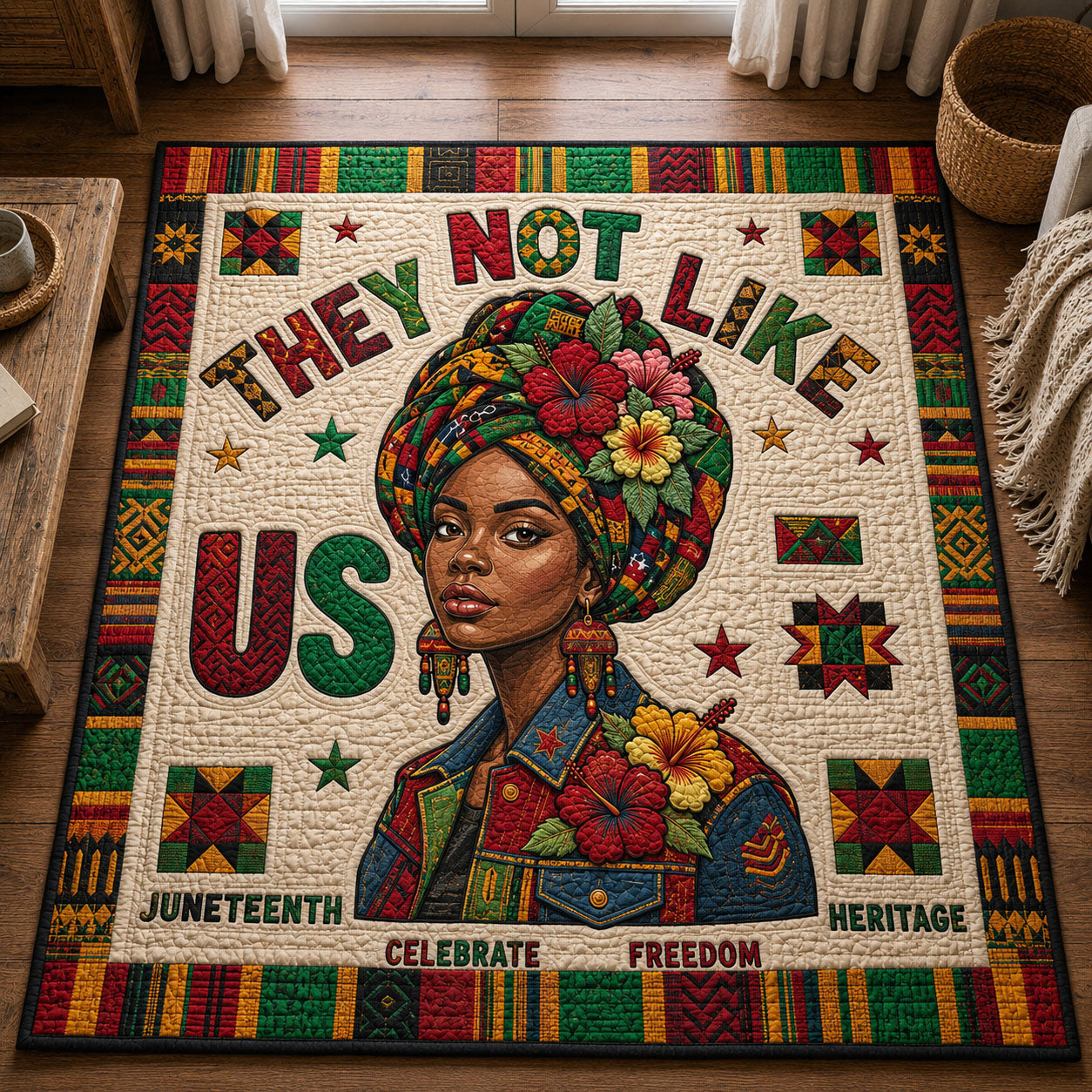 They Not Like Us area rug in a living room