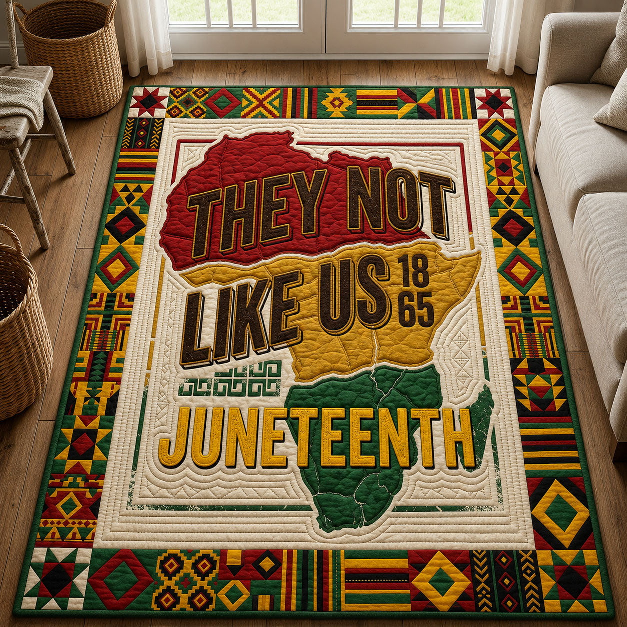 They Not Like Us area rug in a living room