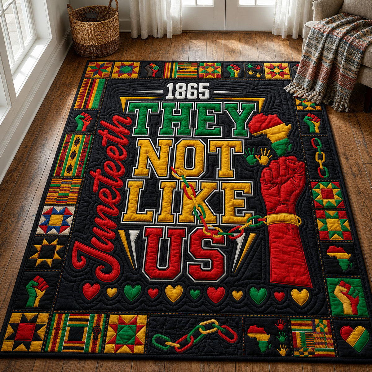They Not Like Us area rug in a living room