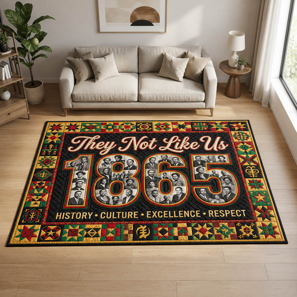 They Not Like Us Juneteenth area rug in a living room
