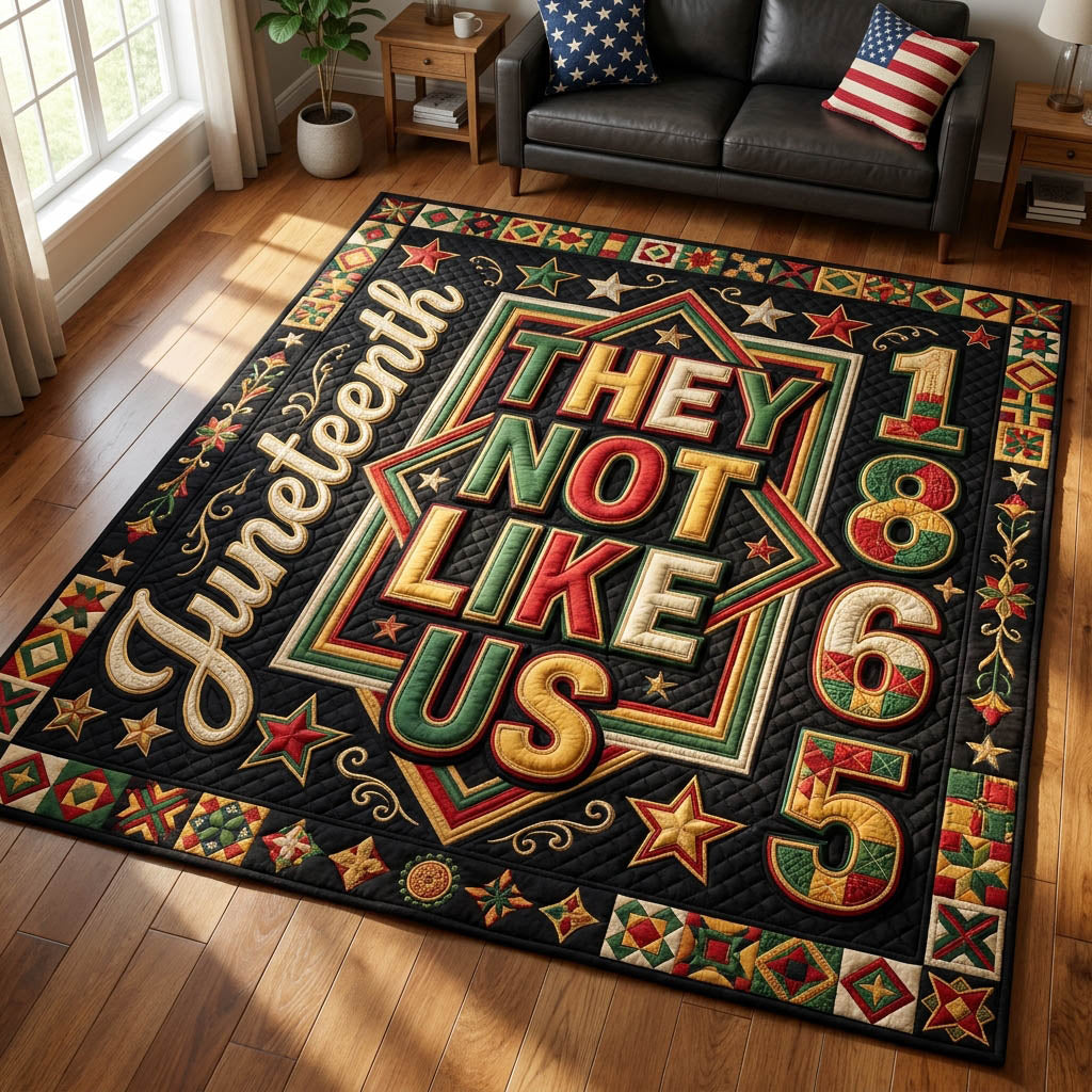 They Not Like Us Juneteenth area rug in a living room