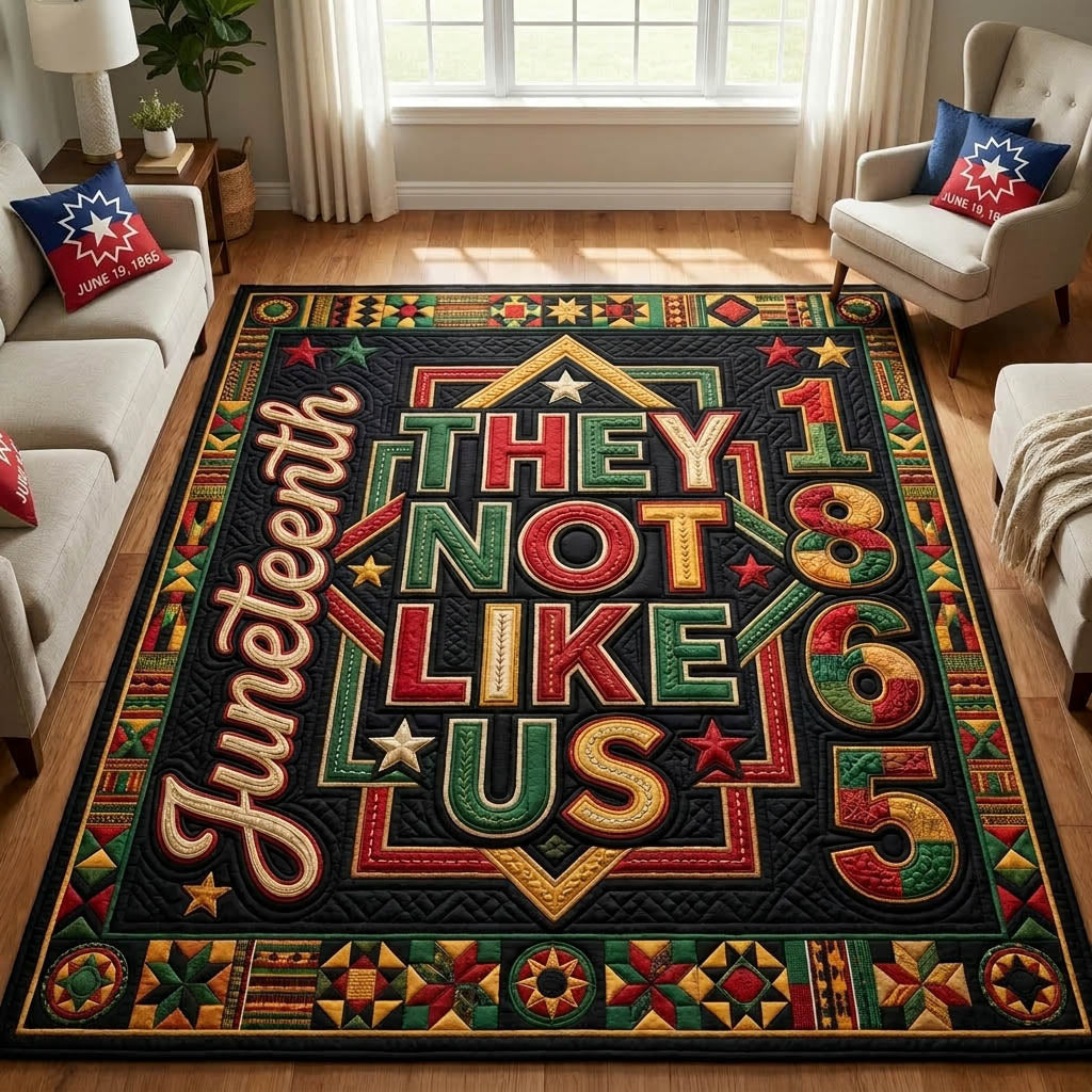 They Not Like Us Juneteenth area rug in a living room
