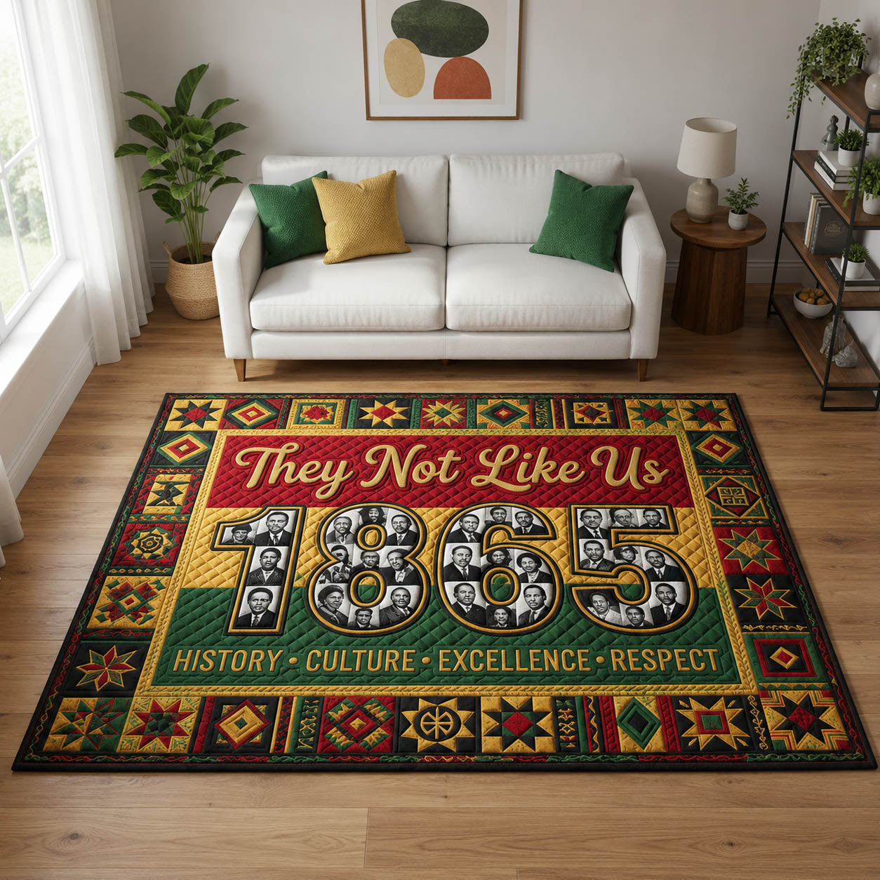 They Not Like Us Juneteenth area rug in a living room