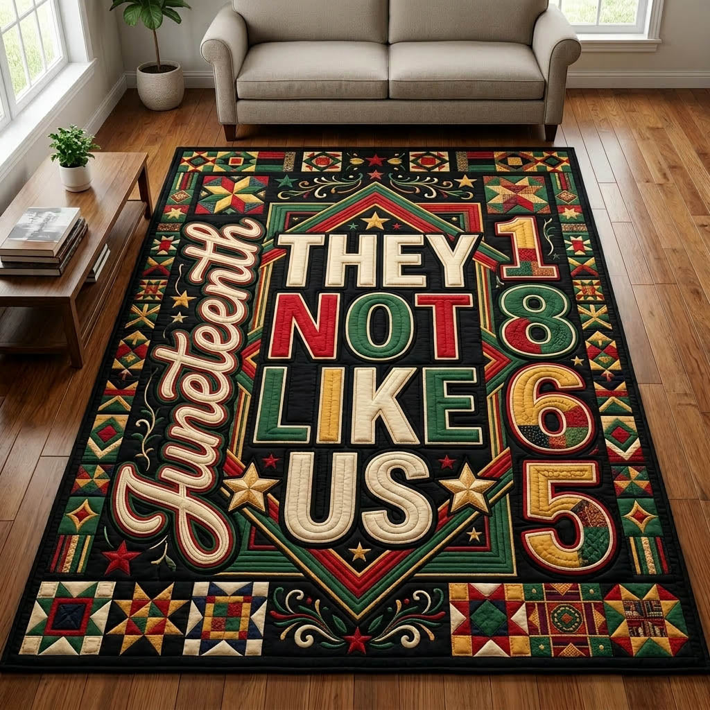 They Not Like Us Juneteenth area rug in a living room
