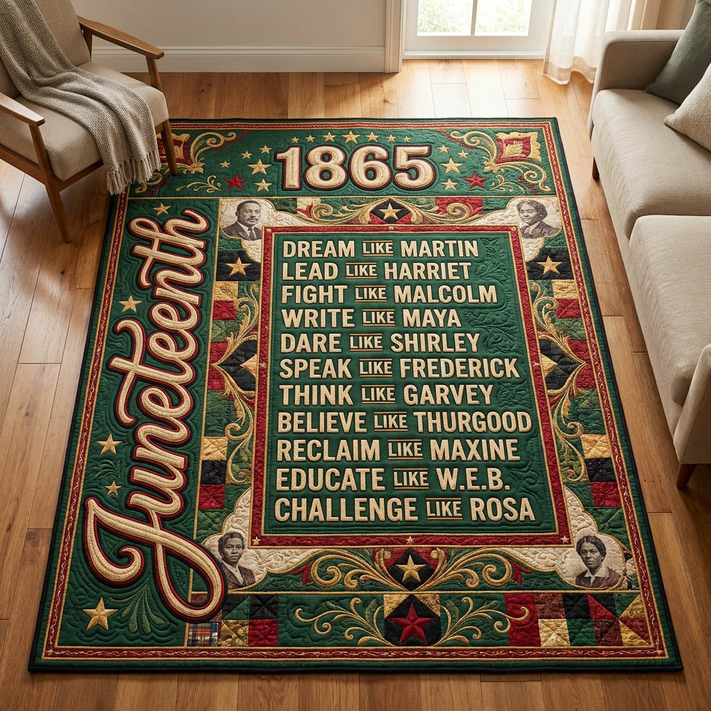 They Not Like Us Juneteenth area rug in a living room