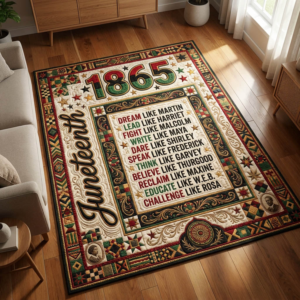 They Not Like Us Juneteenth area rug in a living room