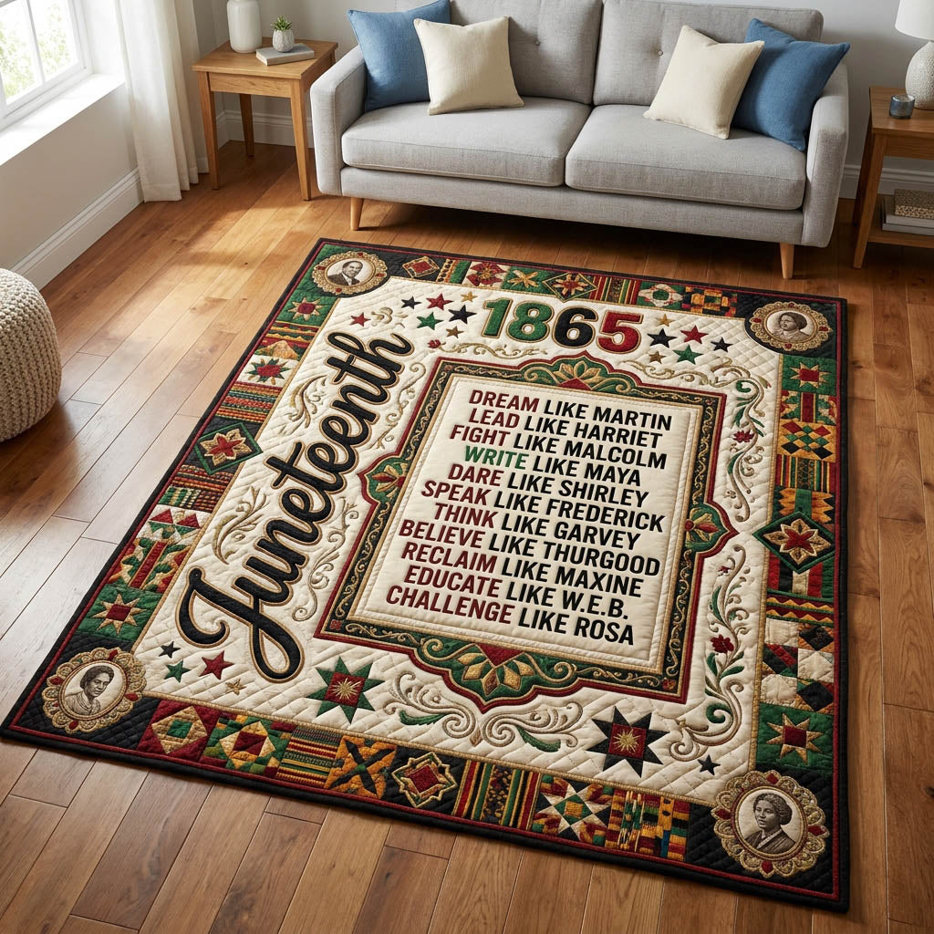 They Not Like Us Juneteenth area rug in a living room