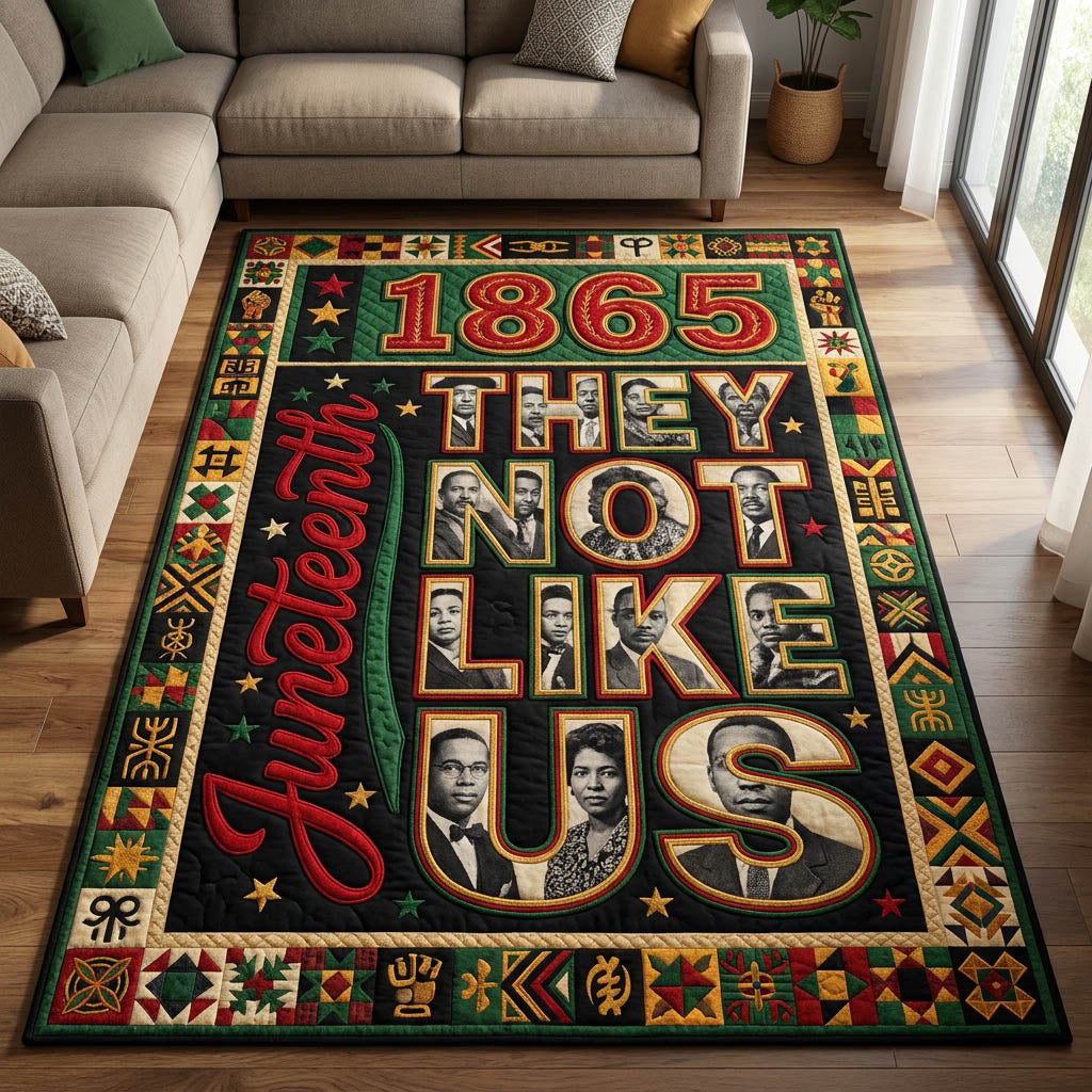 They Not Like Us Juneteenth area rug in a living room