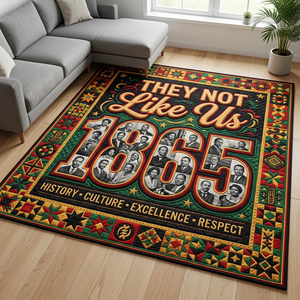 They Not Like Us Juneteenth area rug in a living room