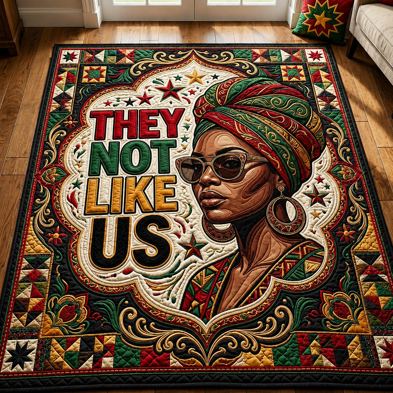 They Not Like Us Juneteenth area rug in a living room