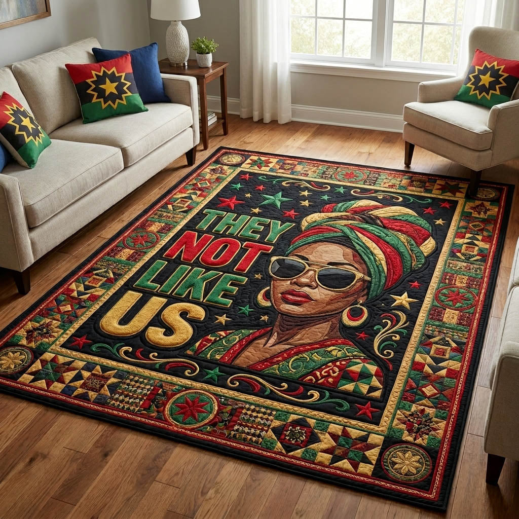 They Not Like Us Juneteenth area rug in a living room