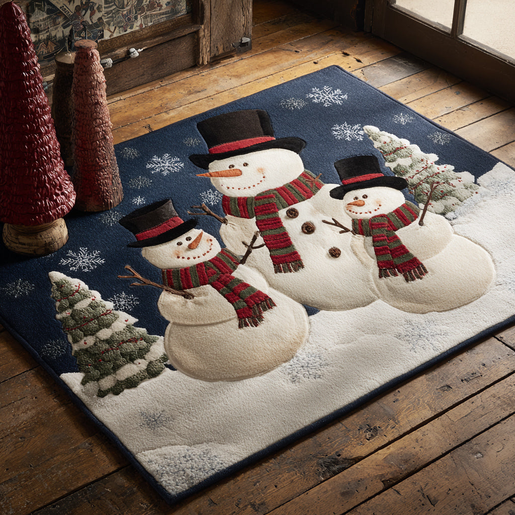 Three Snowman Family area rug in a living room