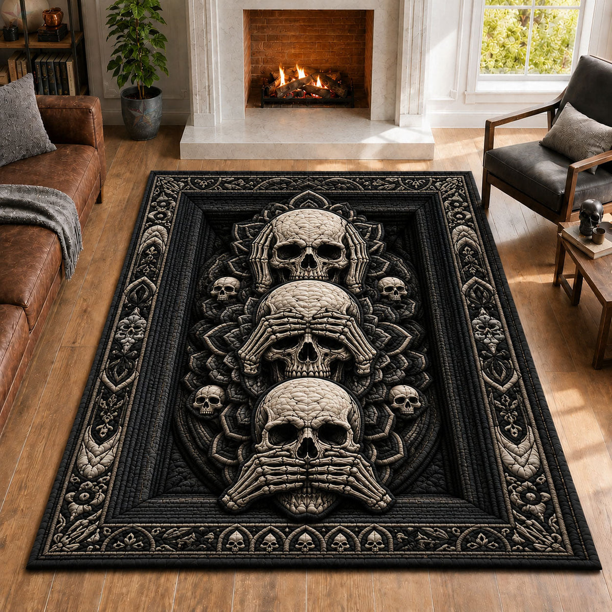 Three Wise Skulls Gothic area rug in a living room