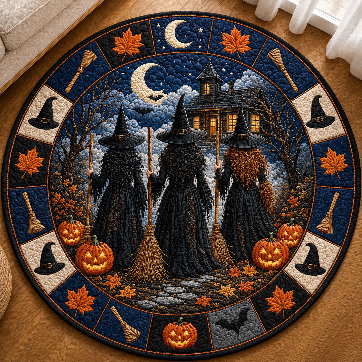 Three Witches Haunted Cottage Round Mat Rug - Nature Design | Serene Home Decor