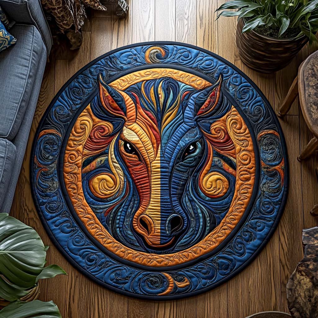 Thunder Horse Round Mat Rug - washable non-slip printed rug