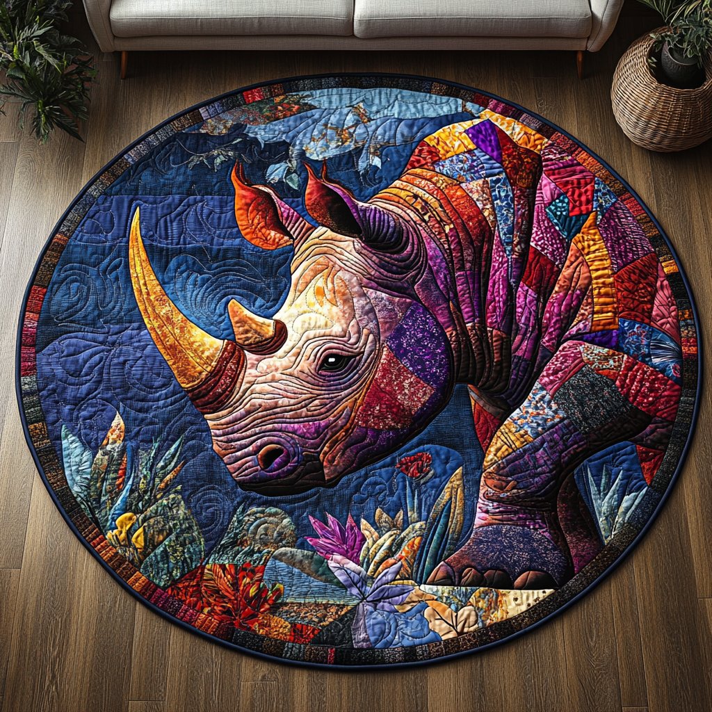 Thundering Rhino Round Mat Rug - washable non-slip printed rug