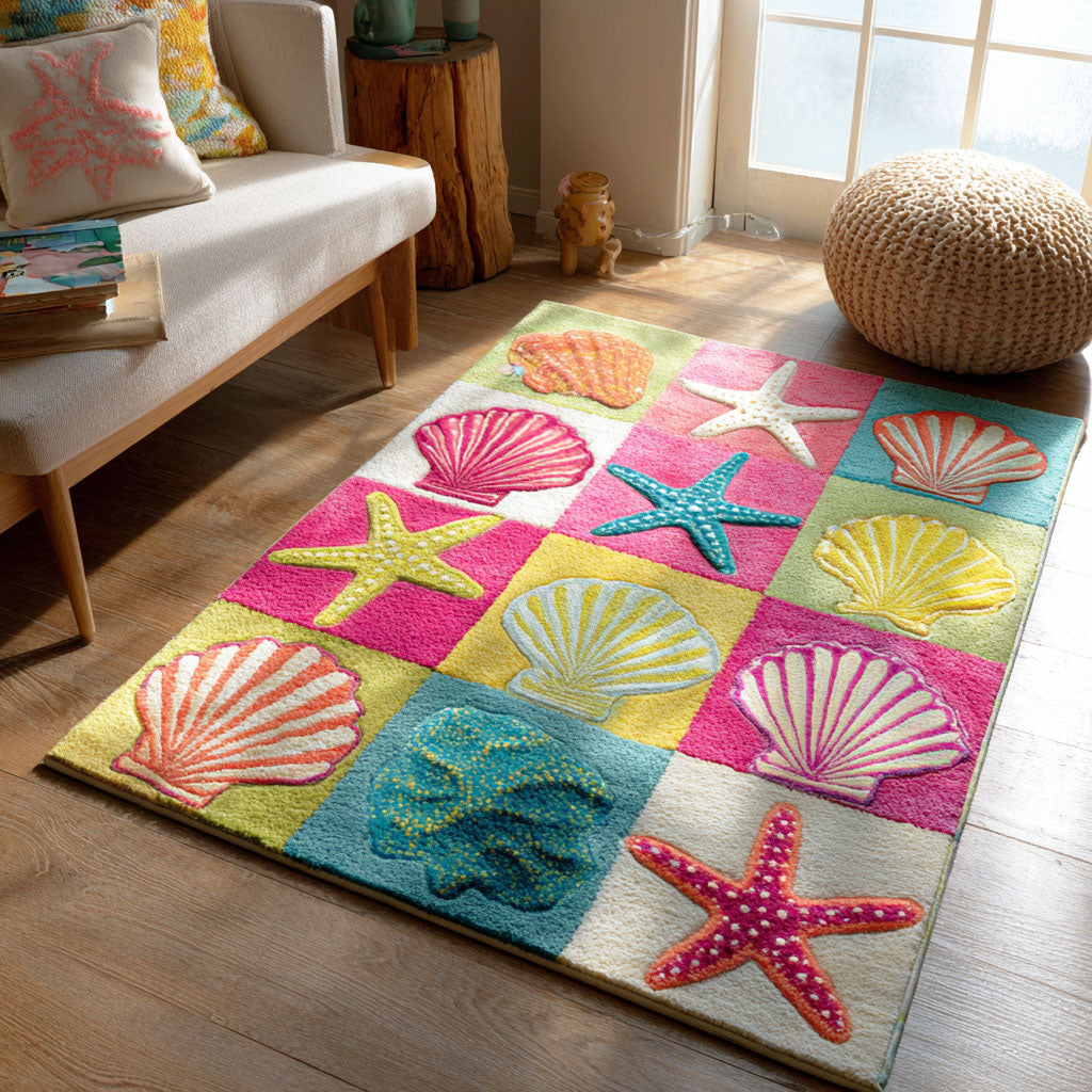 Tidal Shells area rug in a living room